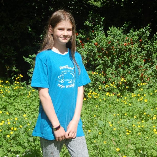 A girl sporting our azzure blue Hessilhead animal charity tshirt